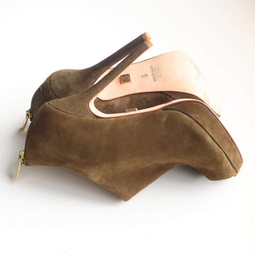 Pour La Victoire Moss Green Suede Leather Peep Toe Stiletto Heel Bootie Shoes 6 - Picture 13 of 15